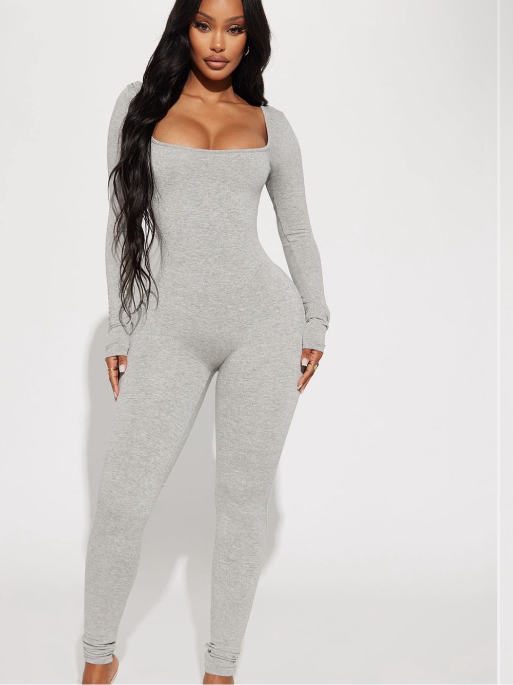 Fashion Nova Heather Grey Square Neck Long-Sleeve Snatched Jumpsuit